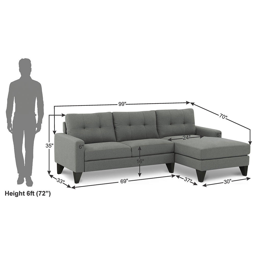 Adorn India Midas L Shape 6 Seater Sofa Set Right Hand Side (Grey) (3 Year Warranty)