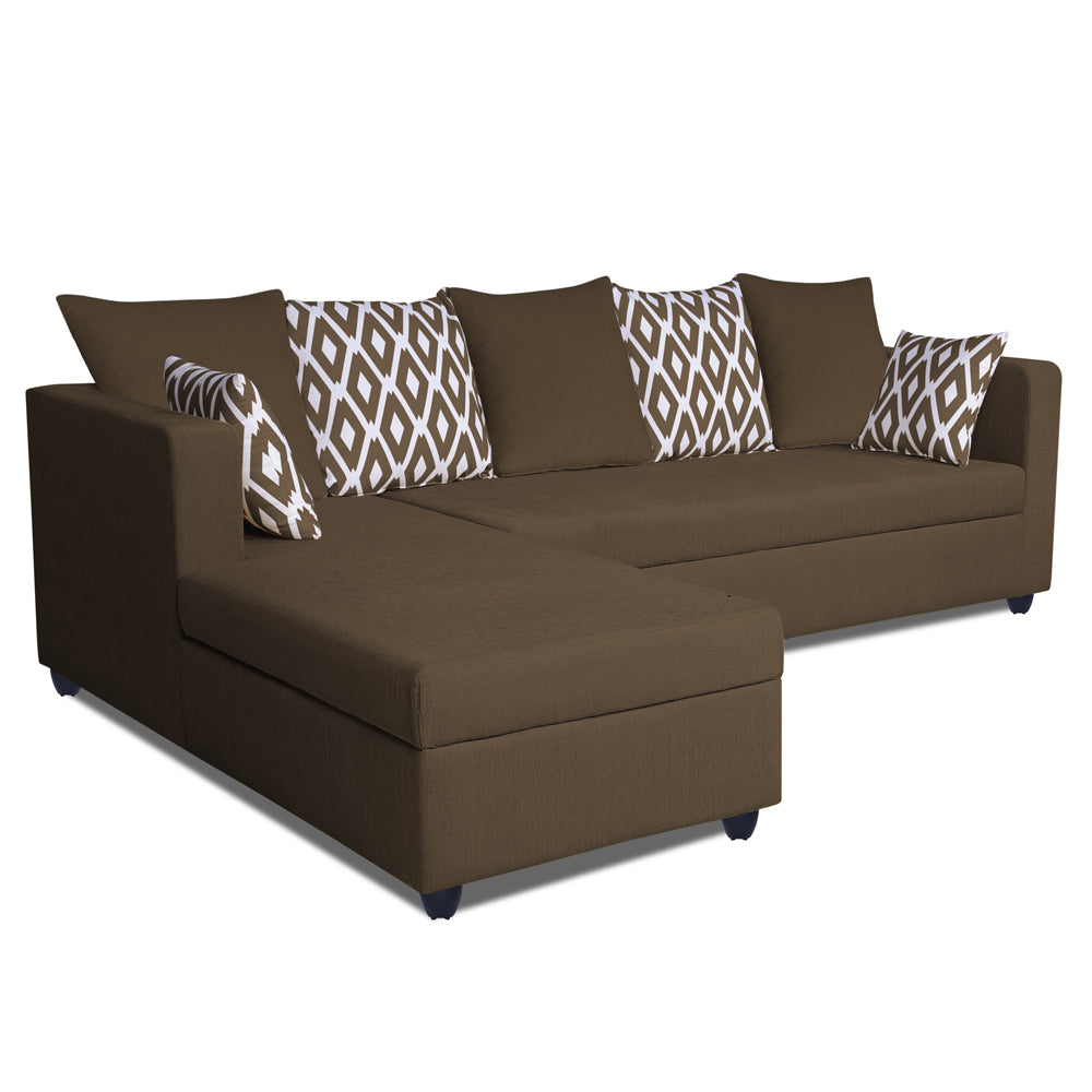 Adorn India Zink Straight line L Shape 5 Seater Sofa Rhombus Cushion (Left Side Handle)(Camel)
