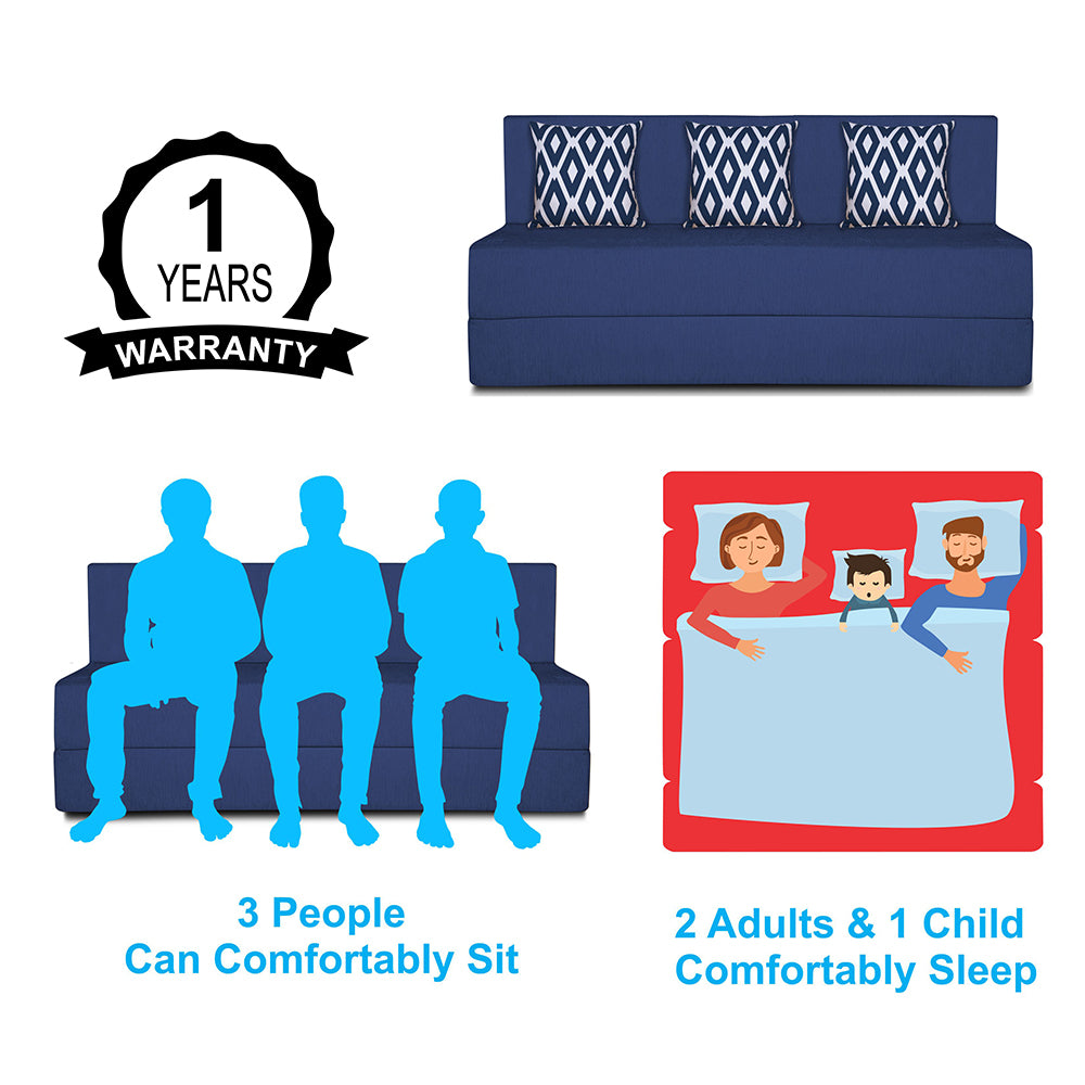 Adorn India Easy 3 Seater Sofa Cum Bed (Rhombus Pattern) Chennile Fabric - Washable Cover - Including 3 Cushion - Size 5' x 6' Ft (Blue Color) Perfect for Home & Office for Guests