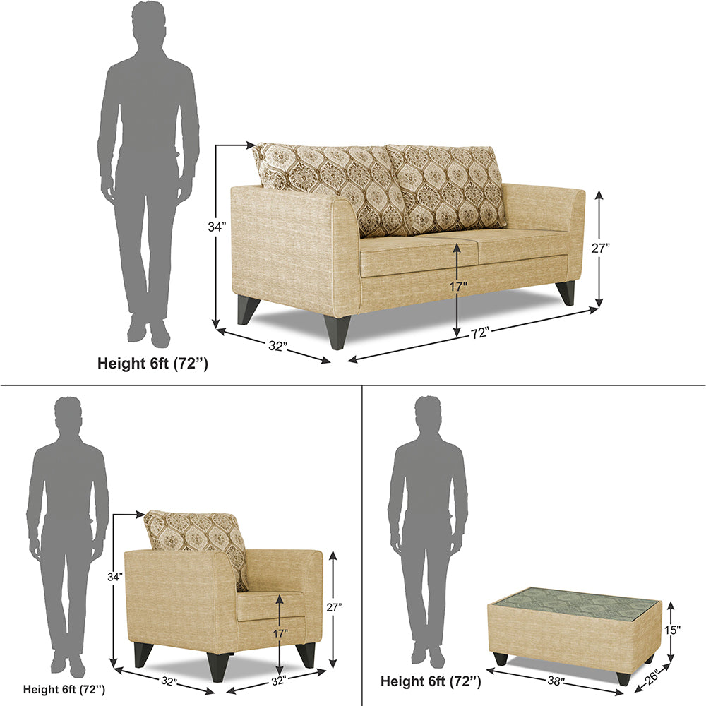Adorn India Cortina Damask (3 Years Warranty) 3+1+1 5 Seater Sofa Set with Centre Table (Beige) Modern
