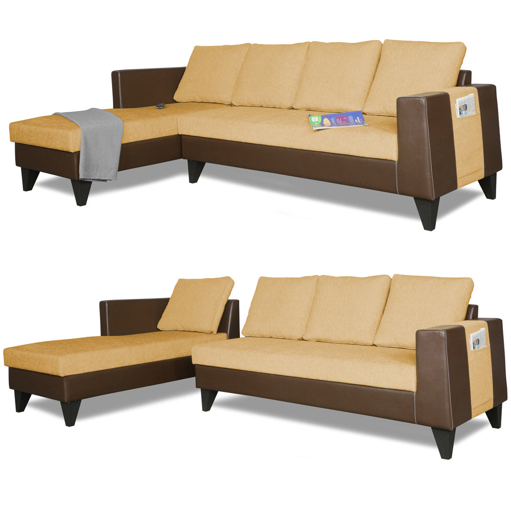 Adorn India Ashley L Shape 6 Seater Sofa Set Leatherette Fabric Plain (Left Hand Side) (Brown & Beige) (3 Year Warranty)