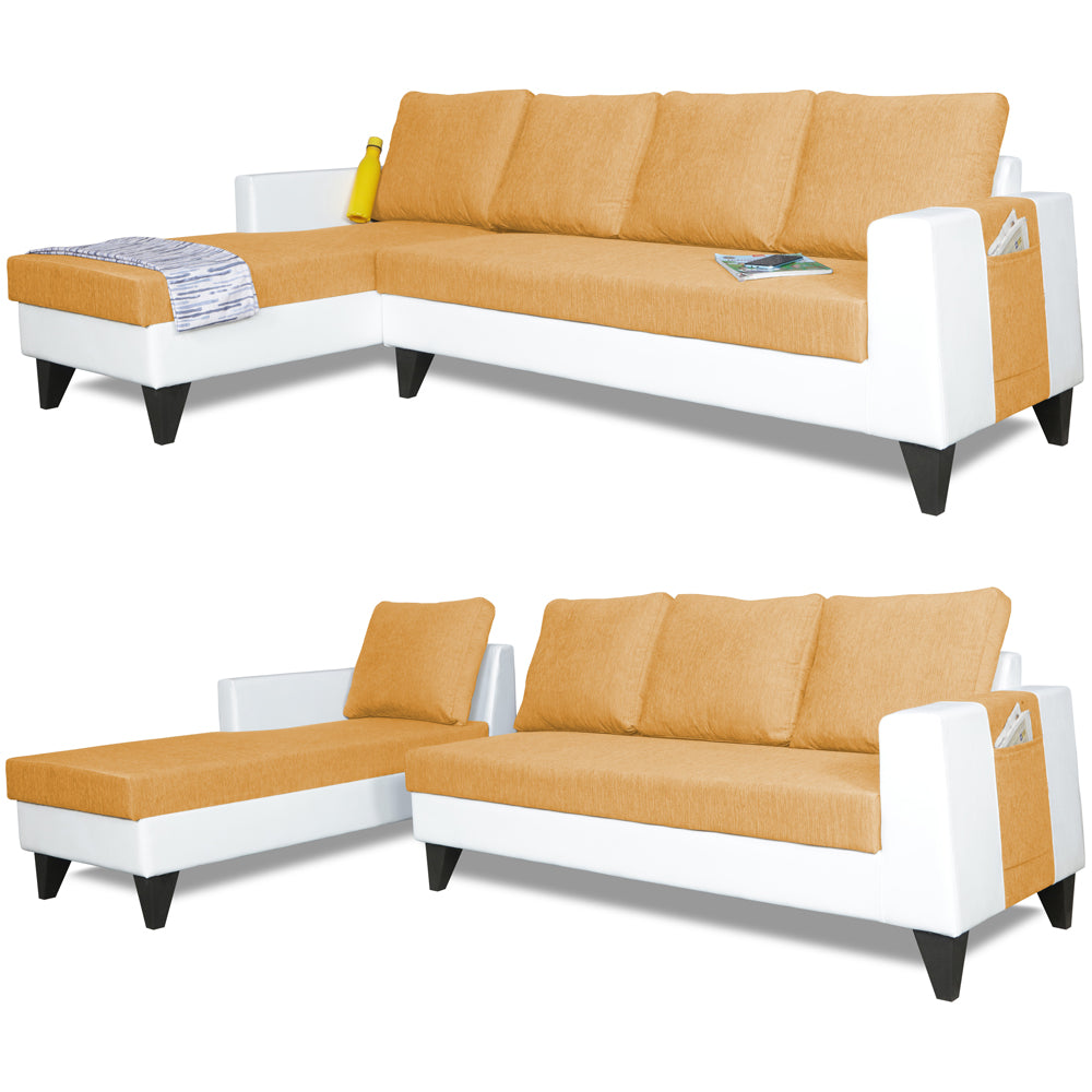 Adorn India Ashley Leatherette Fabric L Shape 6 Seater Sofa Set Plain (Left Hand Side) (Beige & White) (3 Year Warranty)