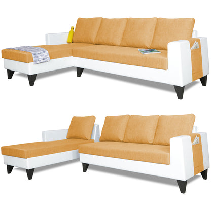 Adorn India Ashley Leatherette Fabric L Shape 6 Seater Sofa Set Plain (Left Hand Side) (Beige & White) (3 Year Warranty)