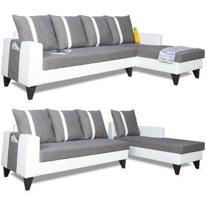 Adorn India Ashley Leatherette Fabric L Shape 6 Seater Sofa Set Stripes (Right Hand Side) (Grey & White) (3 Year Warranty)