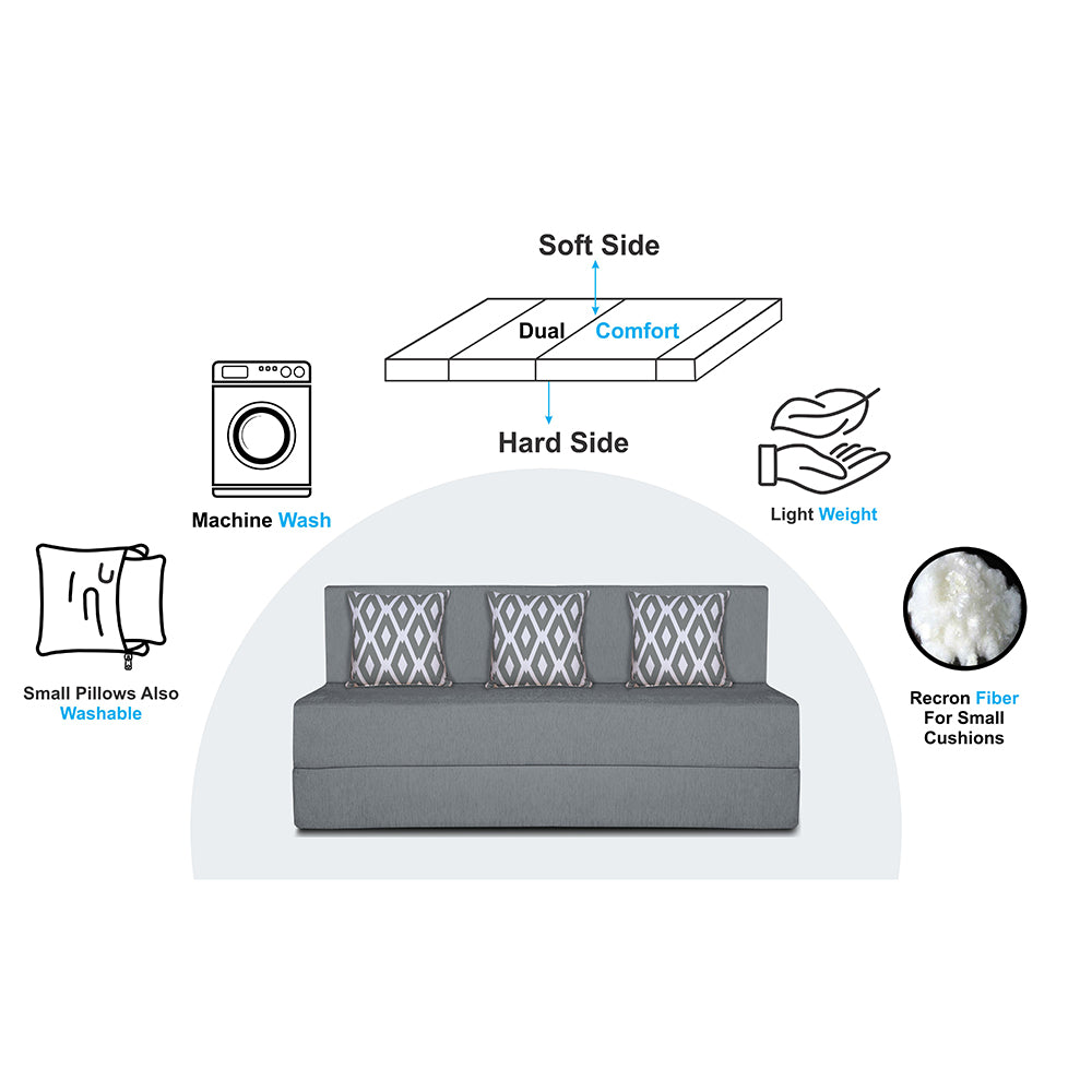 Adorn India Easy 3 Seater Sofa Cum Bed (Rhombus Pattern) Chennile Fabric - Washable Cover - Including 3 Cushion - Size 5' x 6' Ft (Grey Color) Perfect for Home & Office for Guests