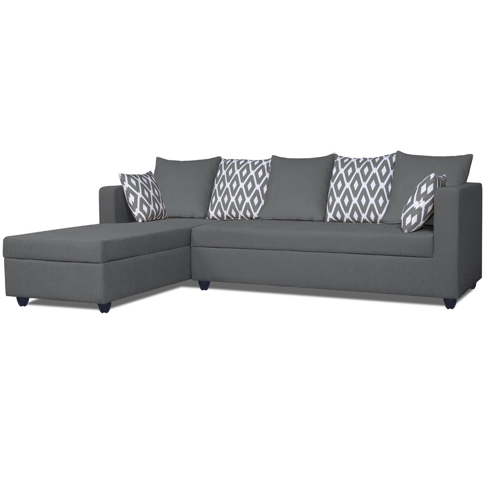 Adorn India Zink Straight line L Shape 5 Seater Sofa Rhombus Cushion (Left Side Handle)(Grey)