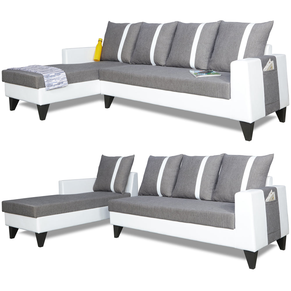 Adorn India Ashley Stripes Leatherette Fabric L Shape 8 Seater Sofa Set with 2 Ottoman Puffy & Center Table LHS (Grey & White) (3 Year Warranty)