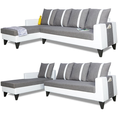 Adorn India Ashley Stripes Leatherette Fabric L Shape 8 Seater Sofa Set with 2 Ottoman Puffy & Center Table LHS (Grey & White) (3 Year Warranty)