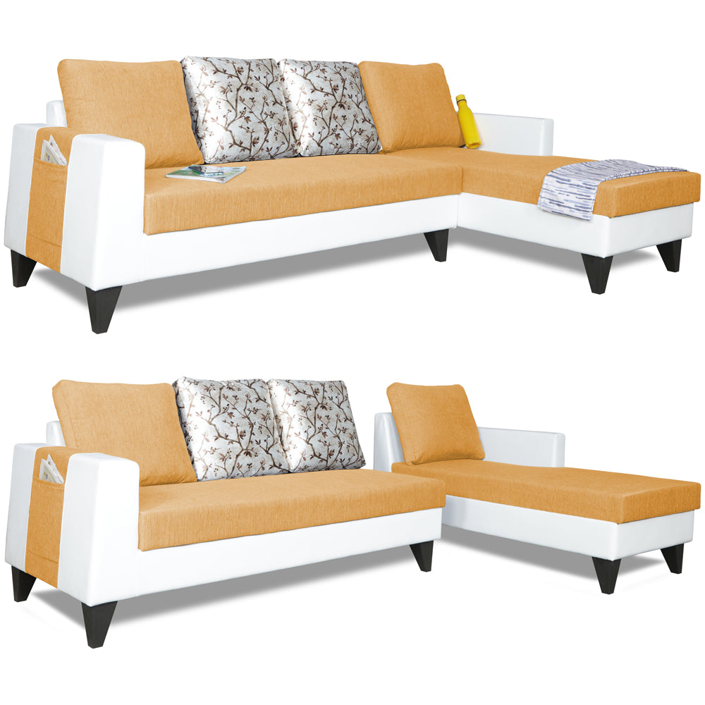 Adorn India Ashley Leatherette Fabric L Shape 6 Seater Sofa Set Digitel Print (Right Hand Side) (Beige & White) (3 Year Warranty)
