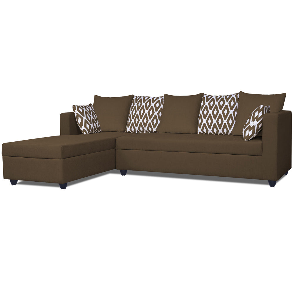 Adorn India Zink Straight line L Shape 5 Seater Sofa Rhombus Cushion (Left Side Handle)(Camel)