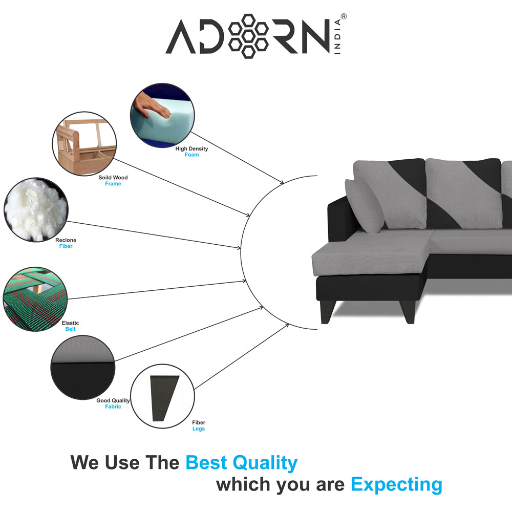 Adorn India Denver L Shape 5 Seater Sofa Set LHS (Grey & Black) (3 Year Warranty)