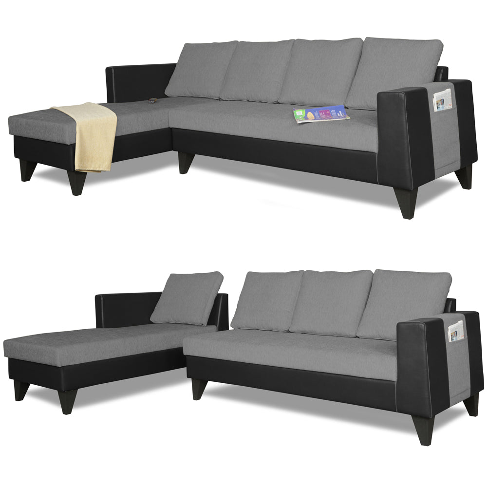 Adorn India Ashley L Shape 6 Seater Sofa Set Leatherette Fabric Plain (Left Hand Side) (Grey & Black) (3 Year Warranty)