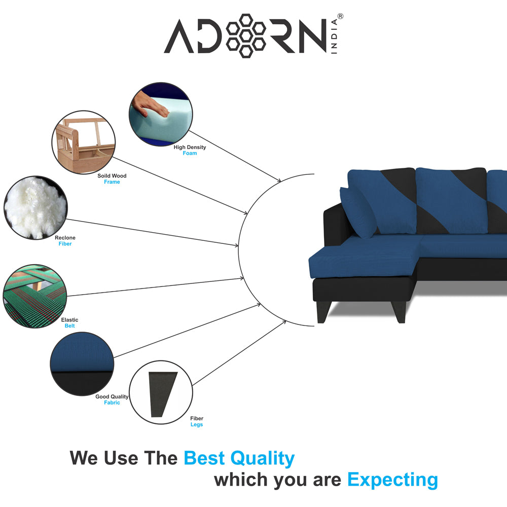 Adorn India Denver L Shape 5 Seater Sofa Set LHS (Blue & Black) (3 Year Warranty)