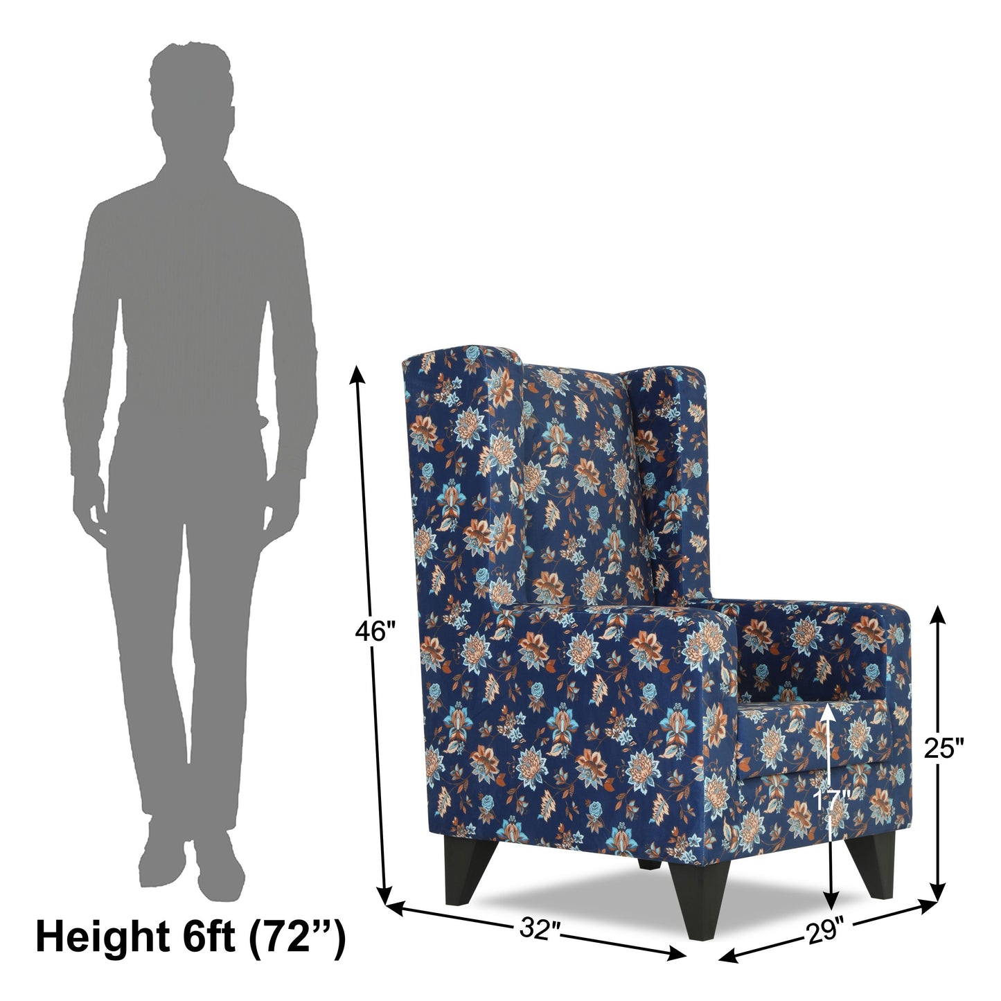 Adorn India Christopher 1 Seater Wing Chair Floral Print with Puffy (Blue)