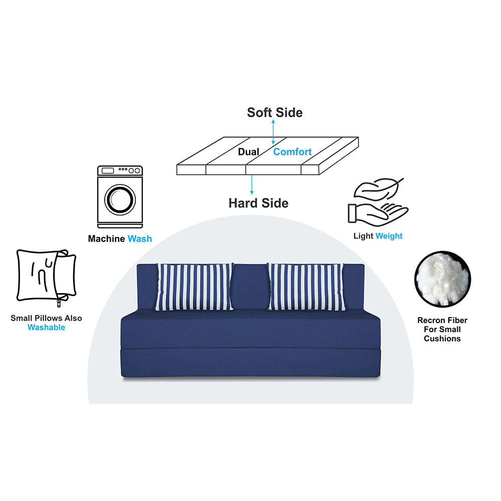 Adorn India Wood Easy Alyn Plus Stripes 4 Seater Sofa Cum Bed (6X6) (Blue) (1 Year Warranty)
