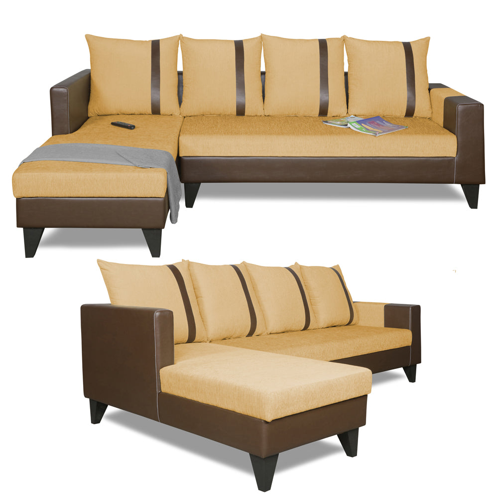 Adorn India Ashley L Shape 6 Seater Sofa Set Leatherette Fabric Stripes (Left Hand Side) (Brown & Beige) (3 Year Warranty)