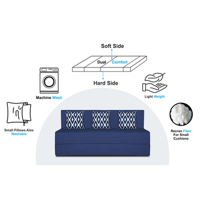 Adorn India Easy 3 Seater Sofa Cum Bed (Rhombus Pattern) Chennile Fabric - Washable Cover - Including 3 Cushion - Size 5' x 6' Ft (Blue Color) Perfect for Home & Office for Guests