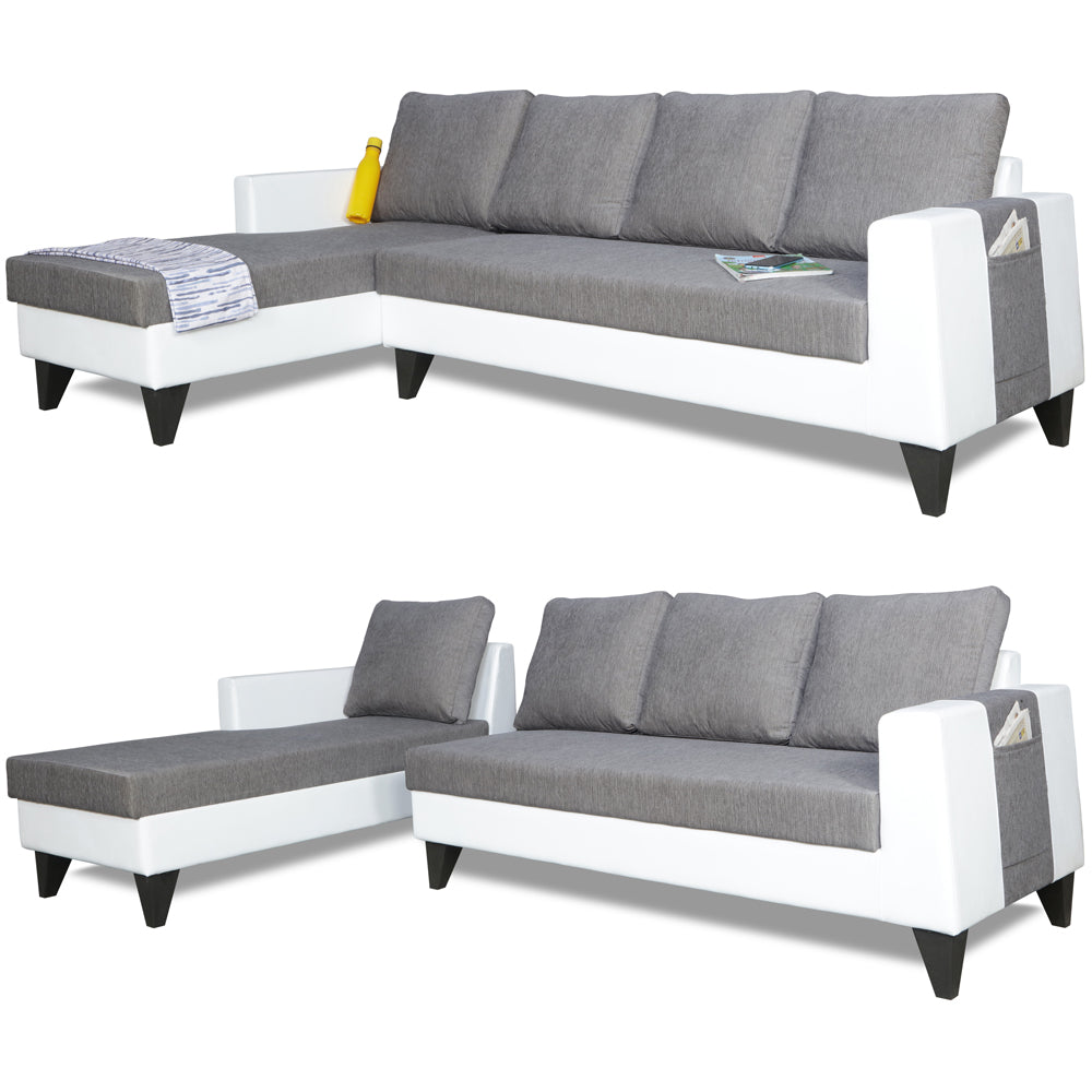 Adorn India Ashley Plain Leatherette Fabric L Shape 8 Seater Sofa Set with 2 Ottoman Puffy & Center Table LHS (Grey & White) (3 Year Warranty)