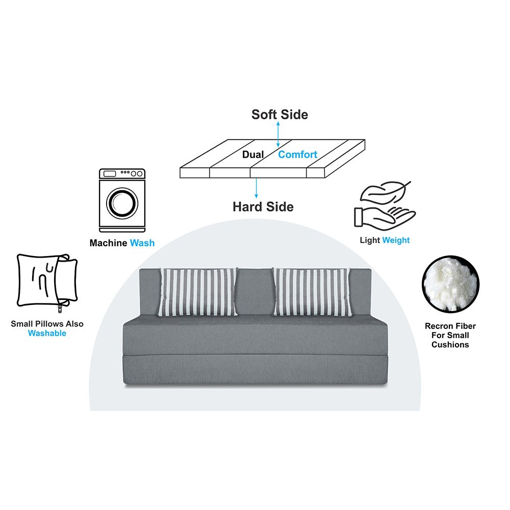 Adorn India Easy Alyn Plus Stripes 4 Seater Sofa Cum Bed (6x6, Grey) (Wood) 4-Person Sofa