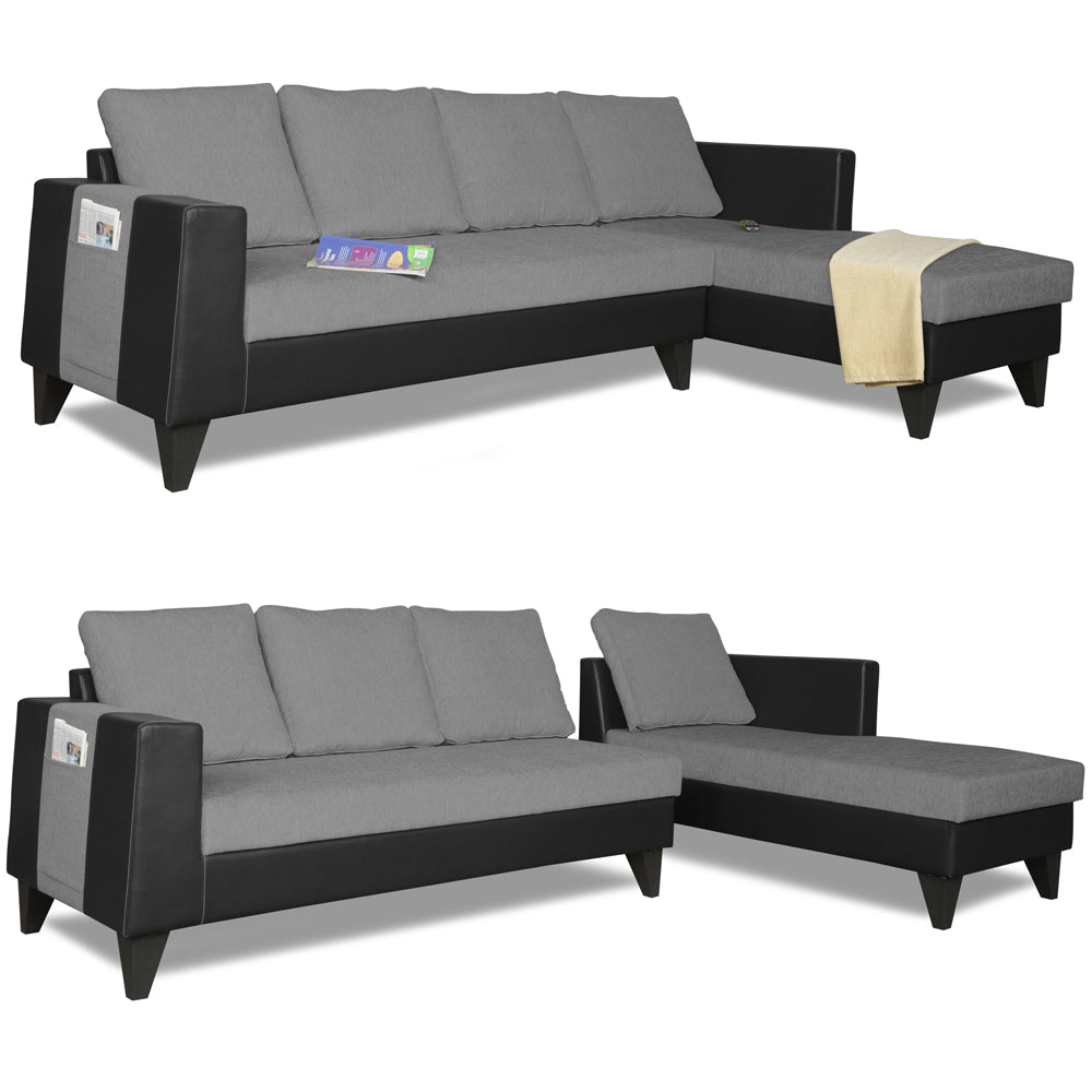 Adorn India Ashley L Shape 6 Seater Sofa Set Leatherette Fabric Plain (Right Hand Side) (Grey & Black) (3 Year Warranty)