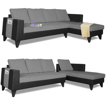 Adorn India Ashley L Shape 6 Seater Sofa Set Leatherette Fabric Plain (Right Hand Side) (Grey & Black) (3 Year Warranty)
