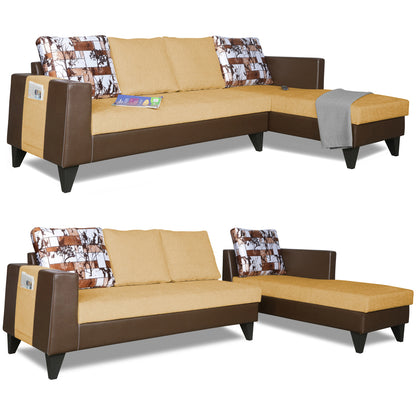Adorn India Ashley L Shape 6 Seater Sofa Set Leatherette Fabric Digitel Print (Right Hand Side) (Brown & Beige) (3 Year Warranty)