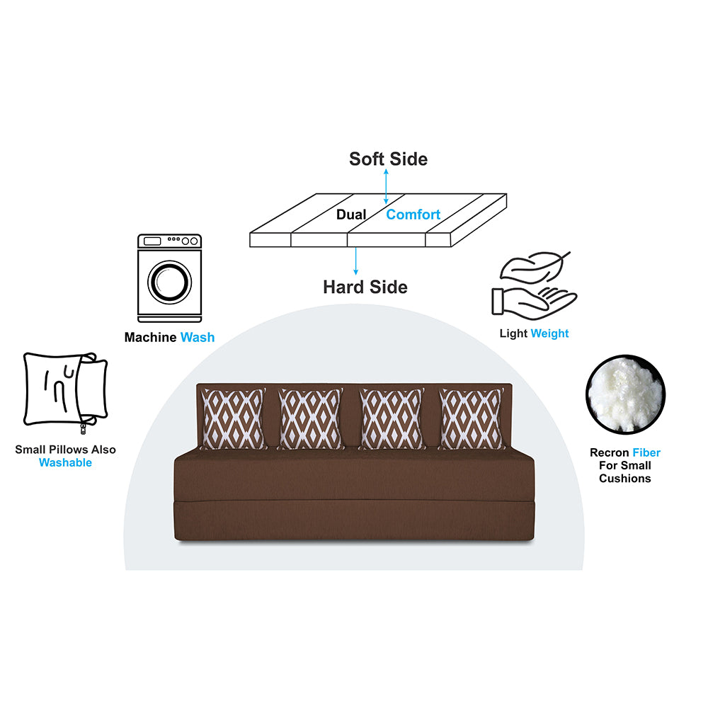 Adorn India Easy 4 Seater Sofa Cum Bed (Rhombus Pattern) Chennile Fabric - Washable Cover - Including 4 Cushion - Size 6' x 6' Ft (Brown Color) Perfect for Home & Office for Guests
