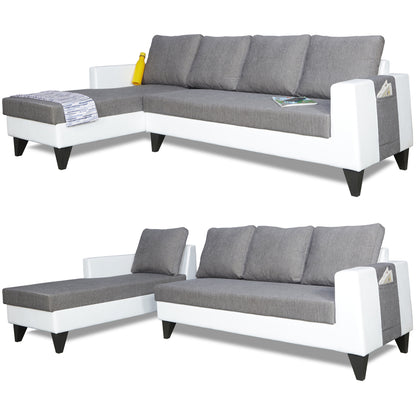 Adorn India Ashley Leatherette Fabric L Shape 6 Seater Sofa Set Plain (Left Hand Side) (Grey & White) (3 Year Warranty)