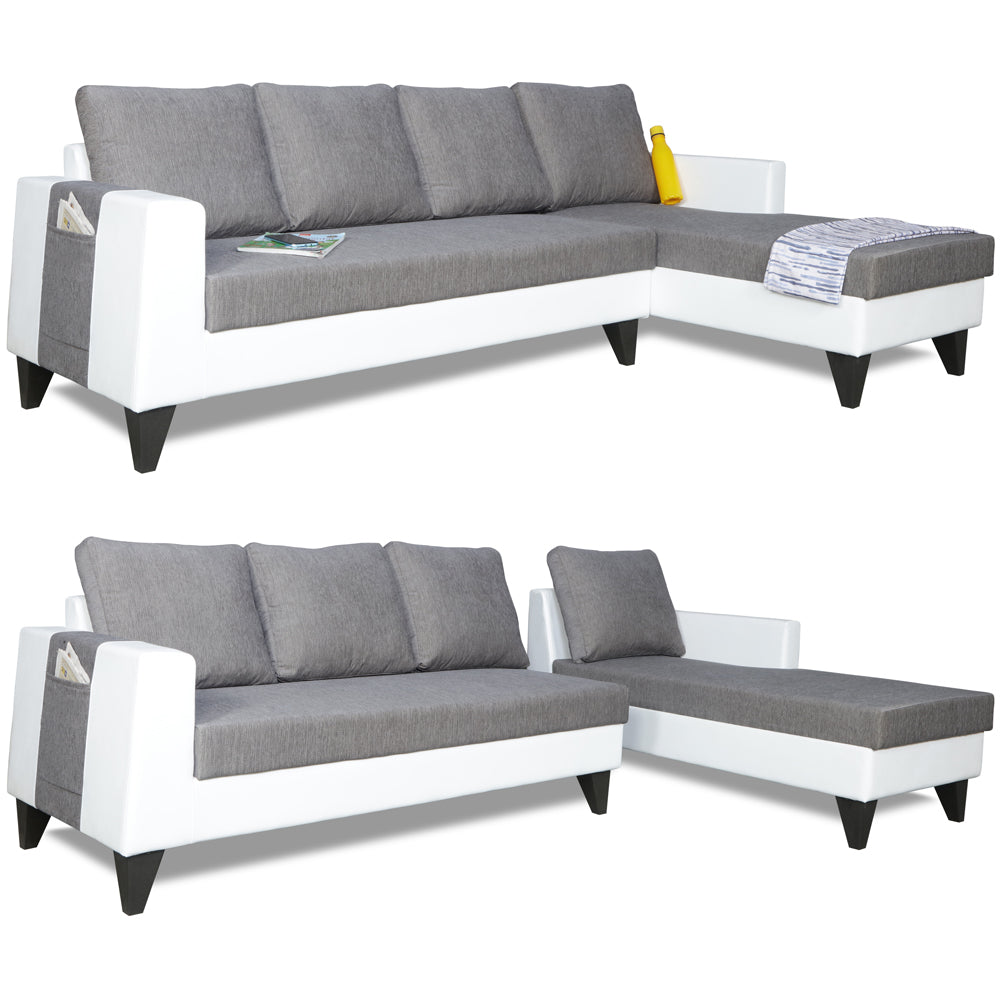 Adorn India Ashley Leatherette Fabric L Shape 6 Seater Sofa Set Plain (Right Hand Side) (Grey & White) (3 Year Warranty)