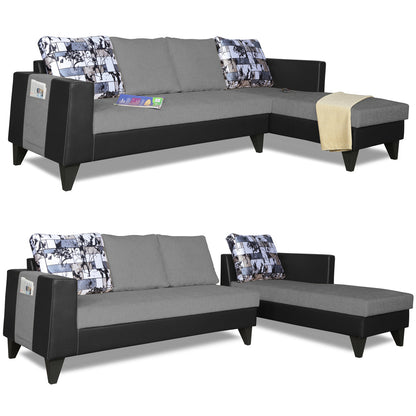 Adorn India Ashley L Shape 6 Seater Sofa Set Leatherette Fabric Digitel Print (Right Hand Side) (Grey & Black) (3 Year Warranty)