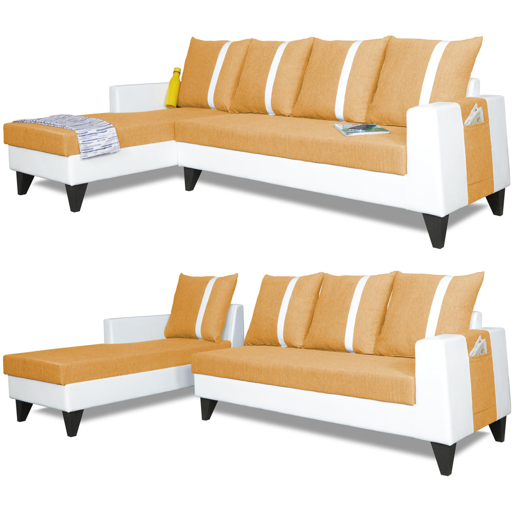 Adorn India Ashley Stripes Leatherette Fabric L Shape 8 Seater Sofa Set with 2 Ottoman Puffy & Center Table LHS (Beige & White) (3 Year Warranty)