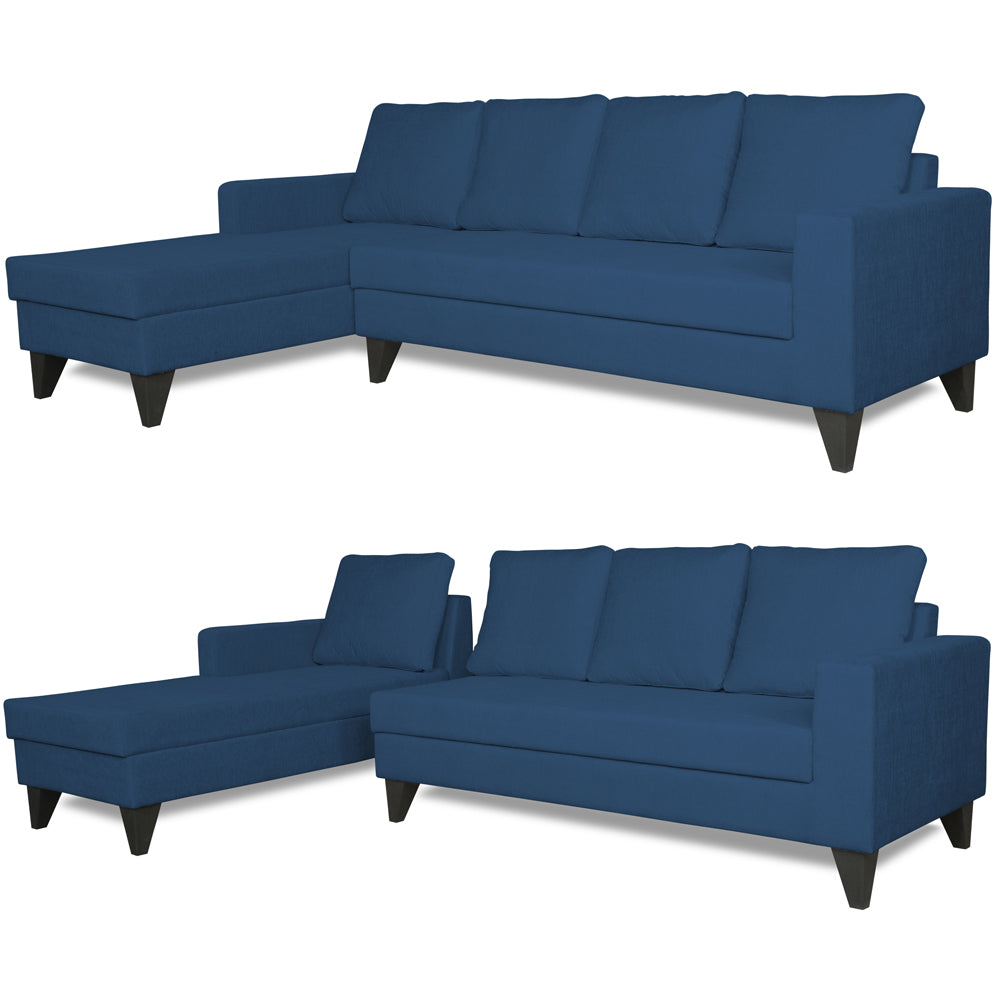 Adorn India Hallton L Shape Decent Sofa Set 7 Seater with Ottoman (Left Side) (Blue) (3 Year Warranty)