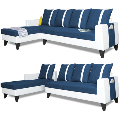 Adorn India Ashley Leatherette Fabric L Shape 6 Seater Sofa Set Stripes (Left Hand Side) (Blue & White) (3 Year Warranty)