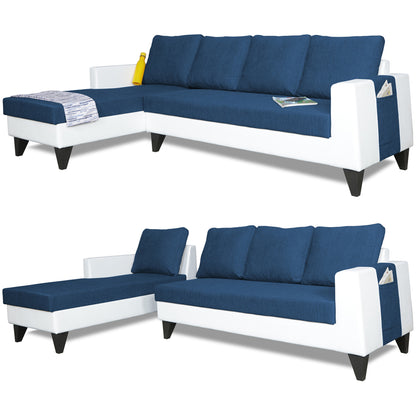 Adorn India Ashley Leatherette Fabric L Shape 6 Seater Sofa Set Plain (Left Hand Side) (Blue & White) (3 Year Warranty)