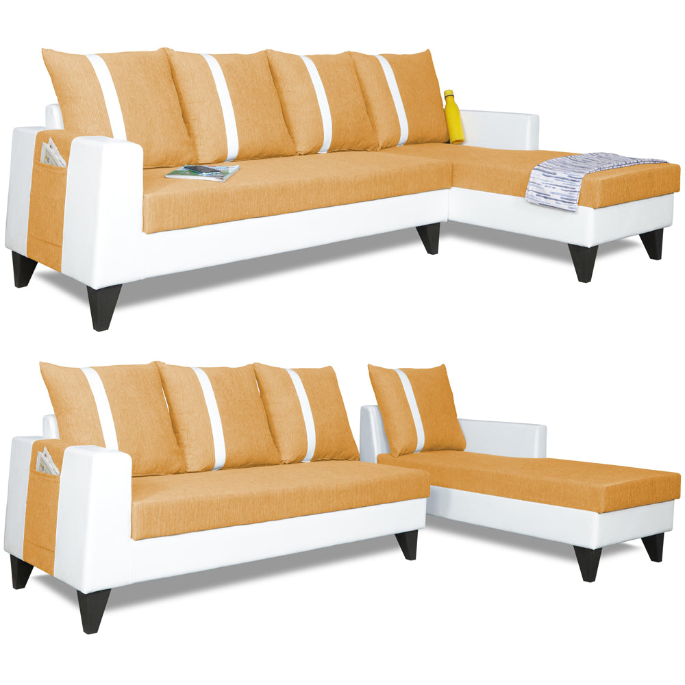 Adorn India Ashley Stripes Leatherette Fabric L Shape 8 Seater Sofa Set with 2 Ottoman Puffy & Center Table RHS (Beige & White) (3 Year Warranty)