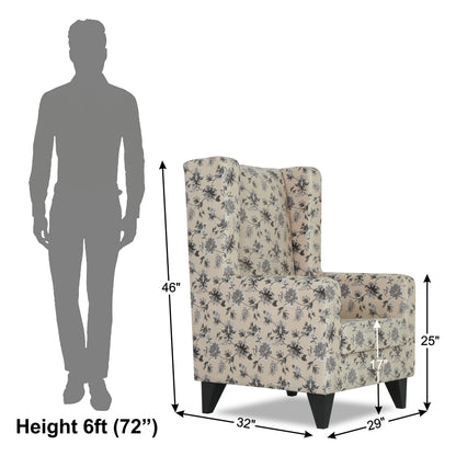 Adorn India Christopher 1 Seater Wing Chair Floral Print with Puffy (Beige)