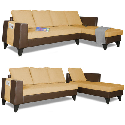 Adorn India Ashley L Shape 6 Seater Sofa Set Leatherette Fabric Plain (Right Hand Side) (Brown & Beige) (3 Year Warranty)