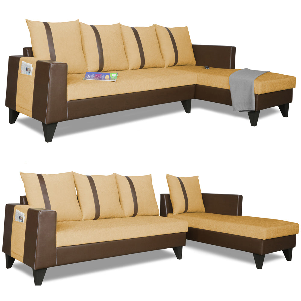 Adorn India Ashley L Shape 6 Seater Sofa Set Leatherette Fabric Stripes (Right Hand Side) (Brown & Beige) (3 Year Warranty)
