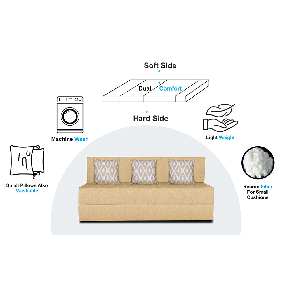 Adorn India Easy 3 Seater Sofa Cum Bed (Rhombus Pattern) Chennile Fabric - Washable Cover - Including 3 Cushion - Size 5' x 6' Ft (Beige Color) Perfect for Home & Office for Guests