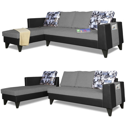 Adorn India Ashley L Shape 6 Seater Sofa Set Leatherette Fabric Digitel Print (Left Hand Side) (Grey & Black) (3 Year Warranty)