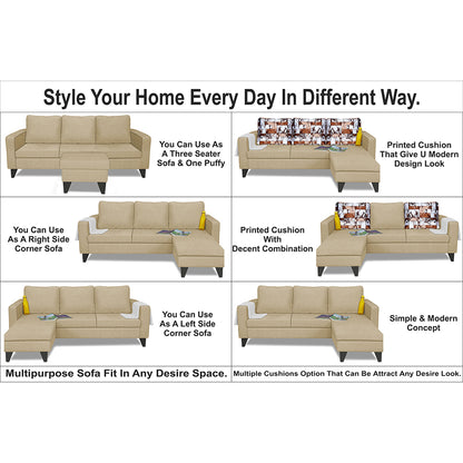 Adorn India Hallton L Shape 4 Seater Sofa Set Digital Print (Beige) (3 Year Warranty)