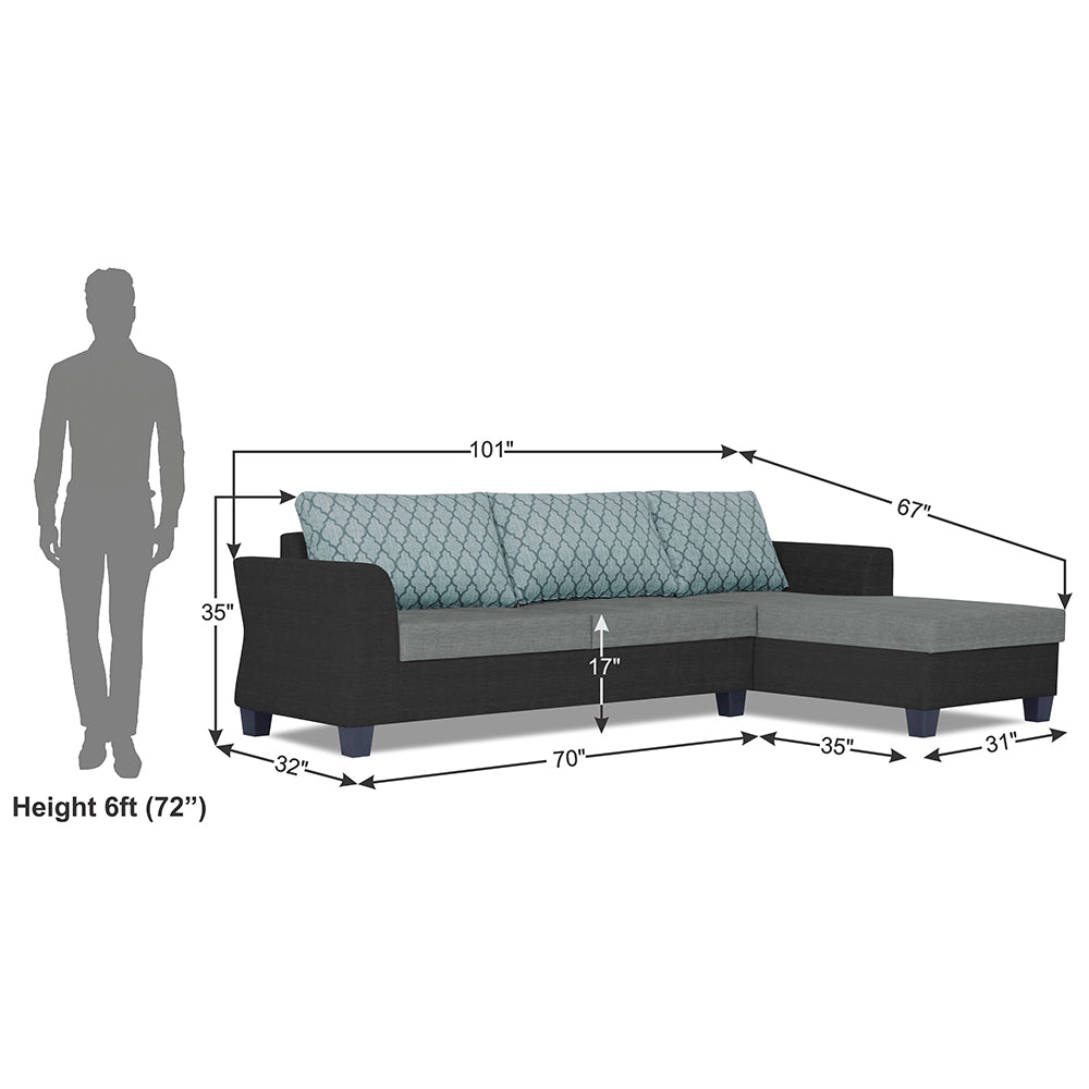 Adorn India Valencia Plus L Shape 6 Seater Sofa Set Blossom (Right Hand Side) (Grey & Black)