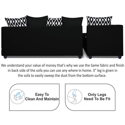 Adorn India Zink Straight line L Shape 6 Seater Sofa Rhombus Cushion (Left Side Handle)(Black)