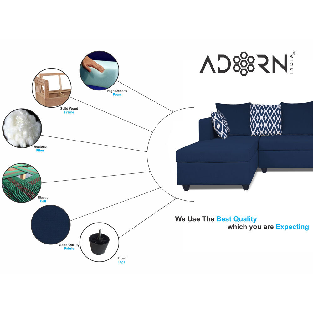 Adorn India Zink Straight line L Shape 5 Seater Sofa Rhombus Cushion (Left Side Handle) Blue
