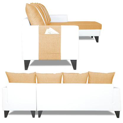 Adorn India Ashley Stripes Leatherette Fabric L Shape 8 Seater Sofa Set with 2 Ottoman Puffy & Center Table RHS (Beige & White) (3 Year Warranty)