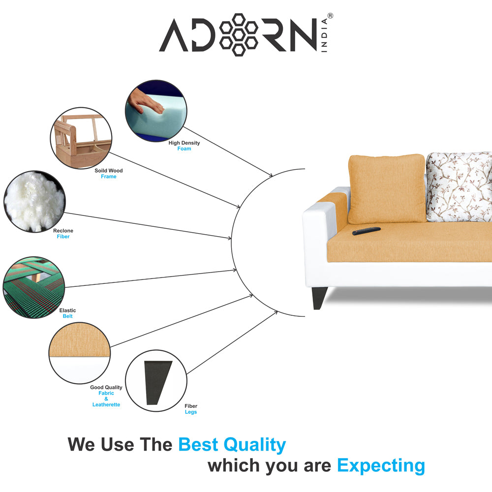 Adorn India Ashley Digitel Print Leatherette Fabric 3-1-1 Five Seater Sofa Set (Beige & White) (3 Year Warranty)