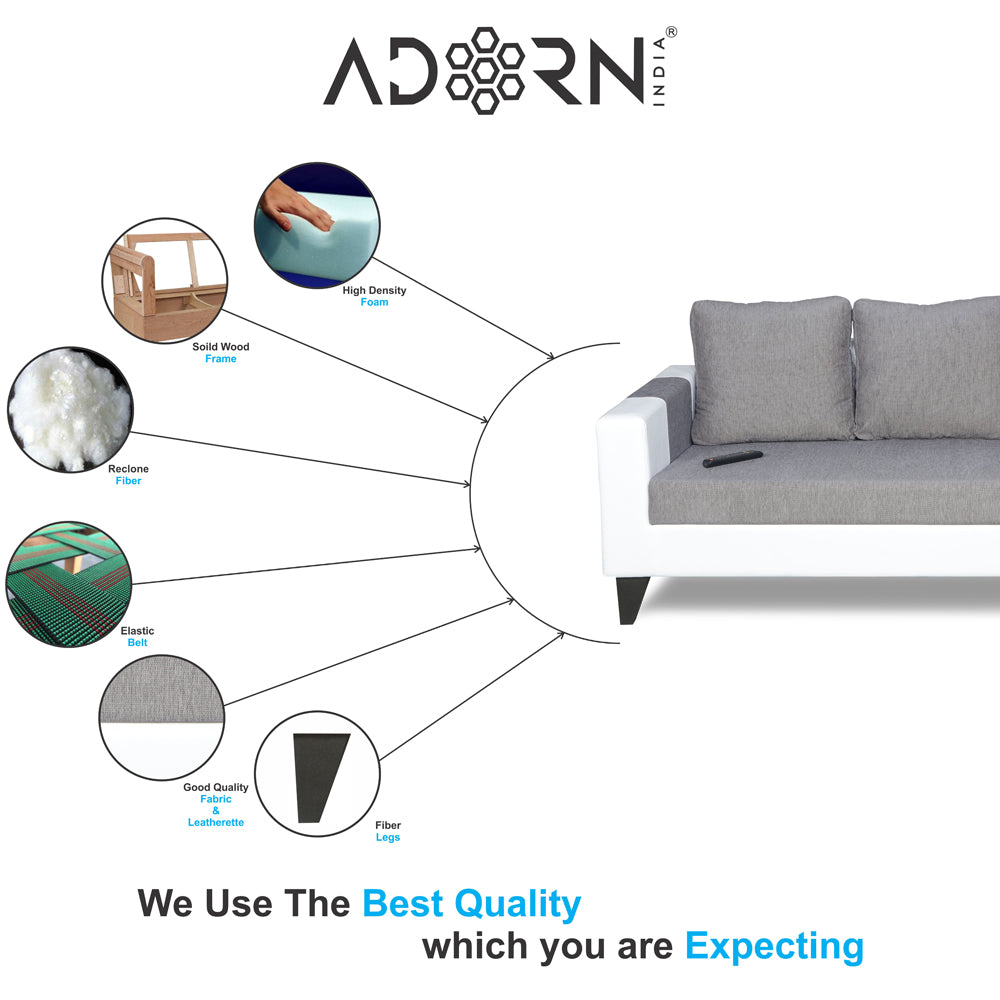Adorn India Ashley Plain Leatherette Fabric 3 Seater Sofa (Grey & White) (3 Year Warranty)