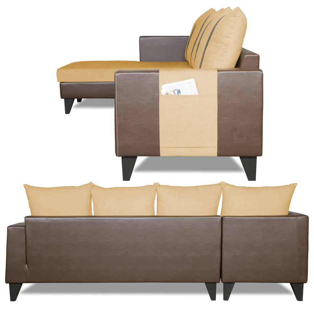 Adorn India Ashley L Shape 6 Seater Sofa Set Leatherette Fabric Stripes (Left Hand Side) (Brown & Beige) (3 Year Warranty)