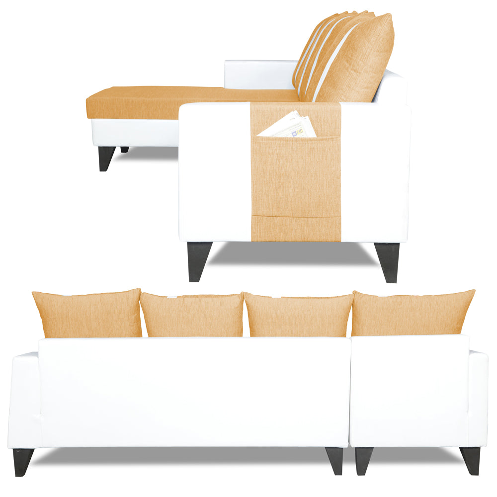 Adorn India Ashley Stripes Leatherette Fabric L Shape 8 Seater Sofa Set with 2 Ottoman Puffy & Center Table LHS (Beige & White) (3 Year Warranty)