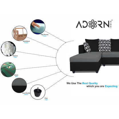 Adorn India Zink Straight line L Shape 6 Seater Sofa Rhombus Cushion (Left Side Handle)(Grey & Black)